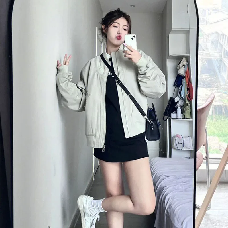 

Fanan Autumn Gray Baseball Uniform Jacket Women American Loose Zipper Bomber Jackets Woman Harajuku Streetwear Trendy Outwear