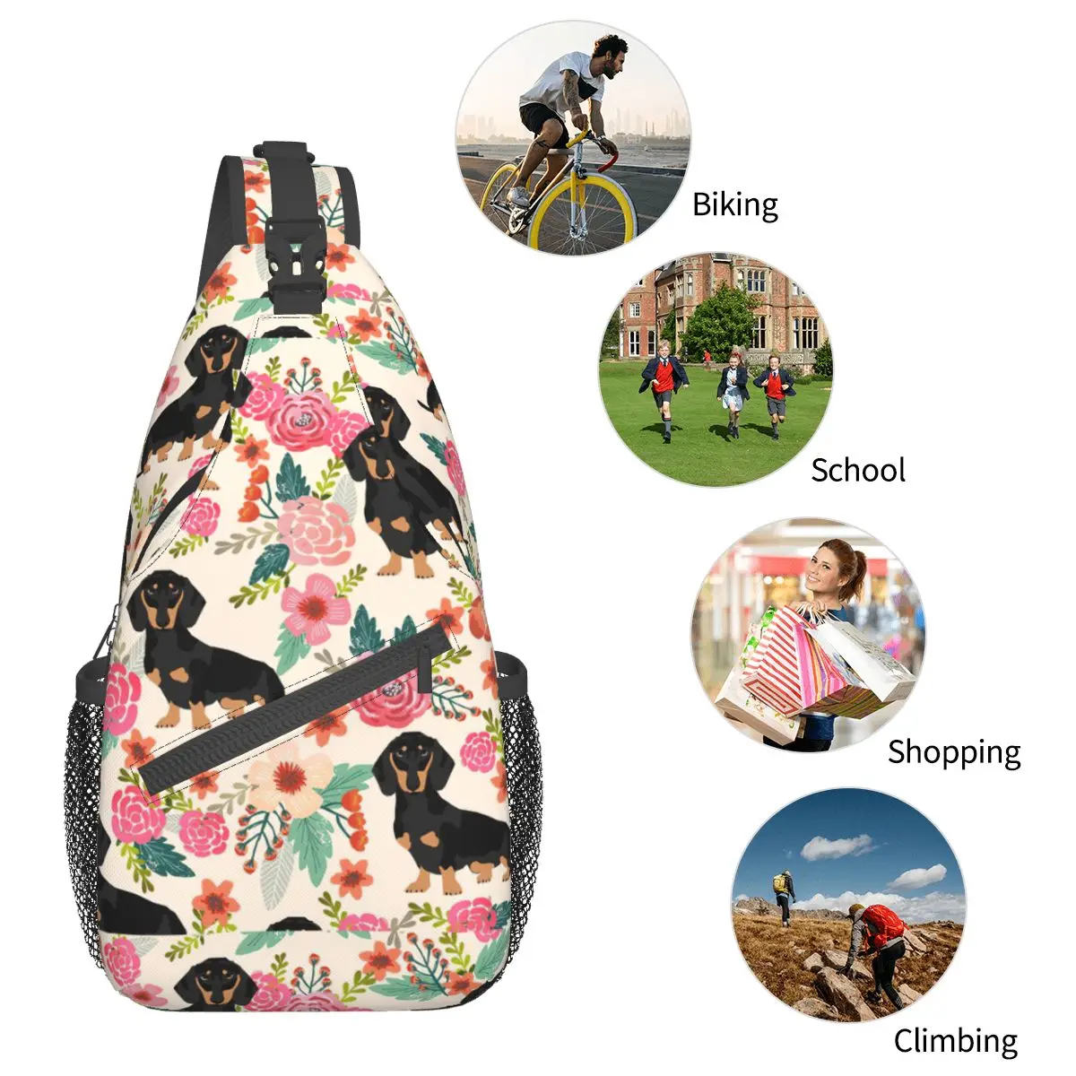 Floral Dachshund Dog Sling Bag, Mochila de ombro crossbody peito, Mochilas esportivas ao ar livre, Animal Cartoon Satchel Fashion