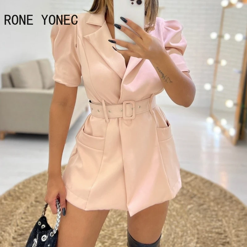 Women Elegant Notched Collar Solid Short Puff Sleeves with Belts Formal Working Blazer Dresses