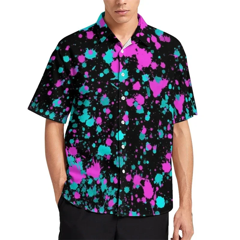 

Новинка, красочная неоновая рубашка с краской, мужские повседневные рубашки с красивым принтом брызг, осенние блузки с принтом, одежда с короткими рукавами и лацканами, топ