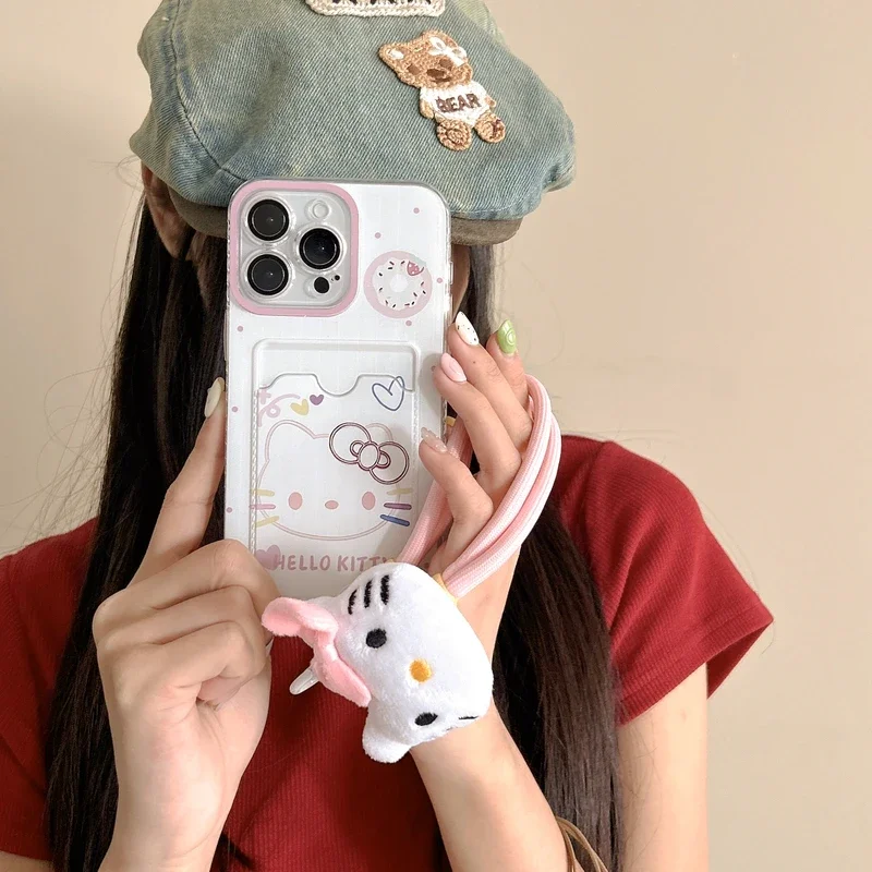 Cute Cartoon Sanrio Hello Kitty Card Wallet Pocket Phone Case For iPhone 16 15 14 13 12 11 Pro Max Soft TPU Cover With Lanyard