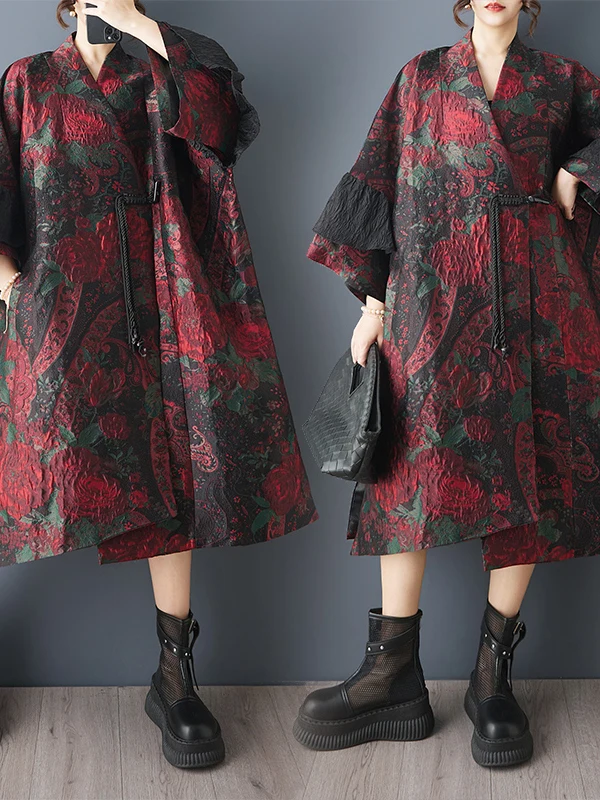 Authentic Autumn Fashion Heavy Texture Embroidery Windbreaker Loose Midi Coat Polyester Fiber V-Neck High Waist Commute