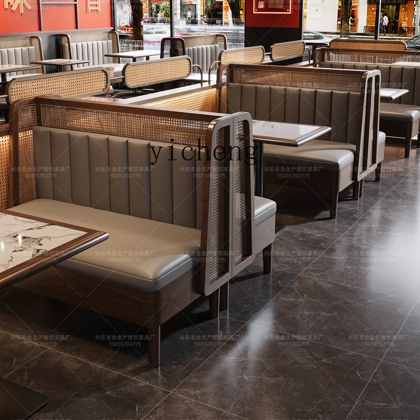 TQH Tea House Restaurant Booth Sofa Commercial Dining Hot Pot Restaurant Cafe Rattan Woven Solid Wood Dining Table and Chairs