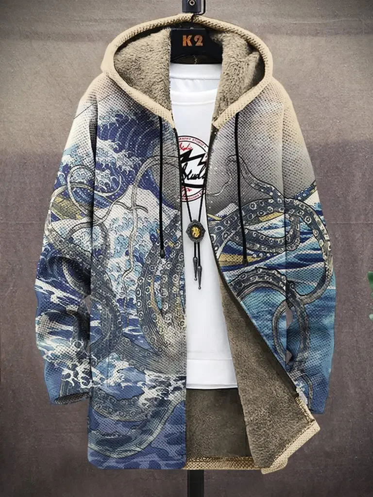 Men's Sea Wave Octopus Art Print Fleece Lined Hooded Trench Coat Cardigan Hoodies Fleece Lined Zipper Coats