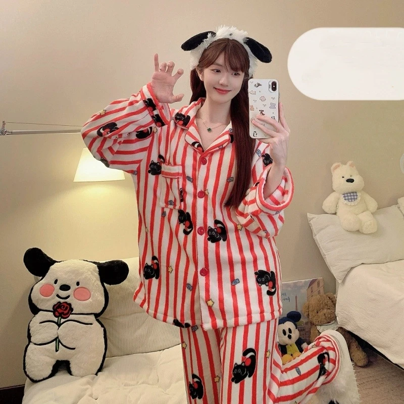 

Французская эстетичная домашняя одежда в полоску с милым котом и звездами для женщин, теплая толстая флисовая мягкая модная новая пижама, новая зимняя пижама