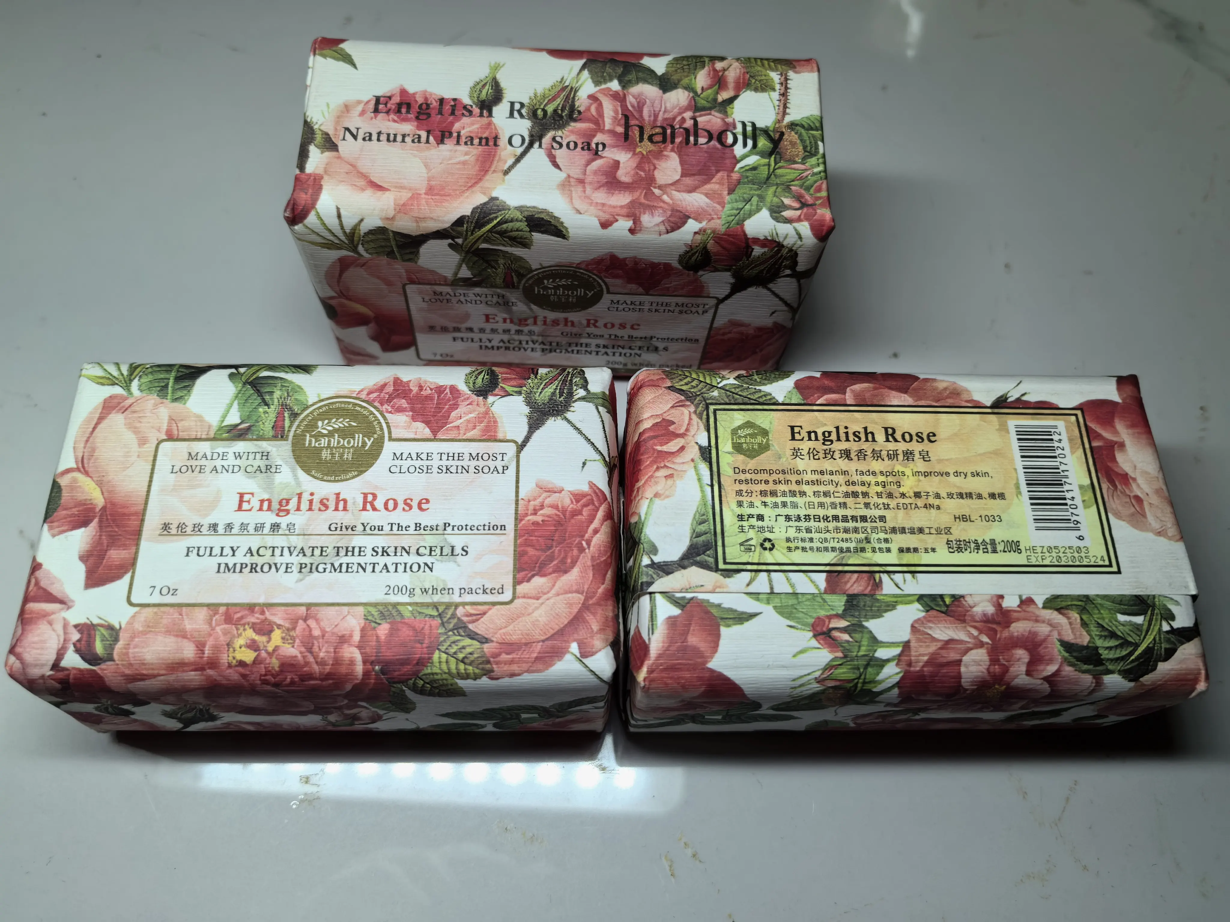 【Rose】Hanbolly French Perfume Mill Soap 200g x 3pcs, Handmade Scented Bar for Bathing & Skin Care, Luxurious Gift