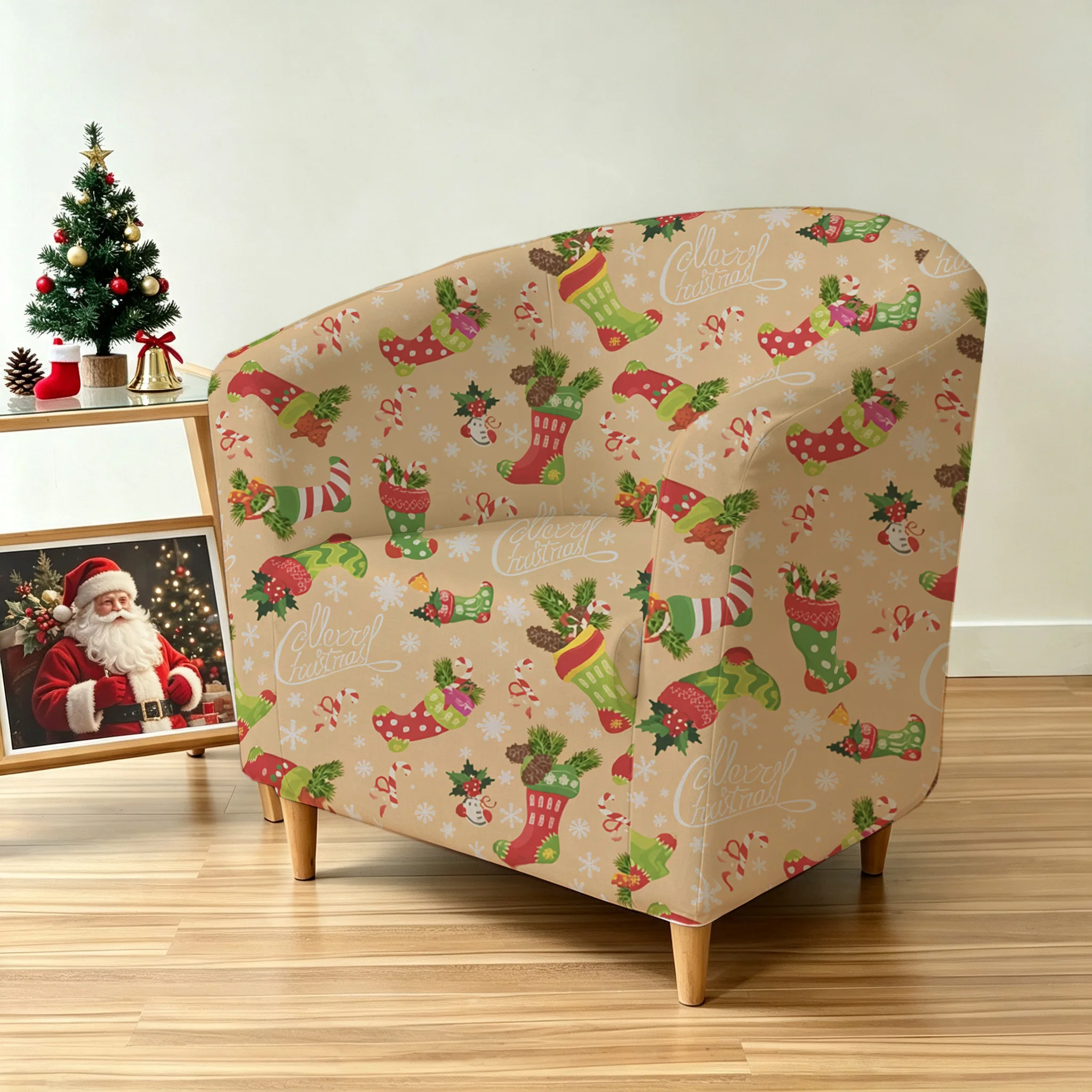 Christmas seamless full cartoon socks candy canes floral printed armrest sofa cover, 2D printed elastic single club sofa cover