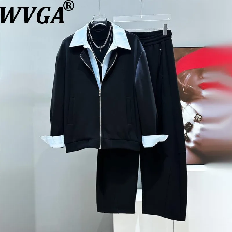 

WVGA Spring Autumn New Men Tide Patchwork Fake Two-Piece Design Jacket Niche Chic Casual Straight Pants Two-Piece Set Ins W16805