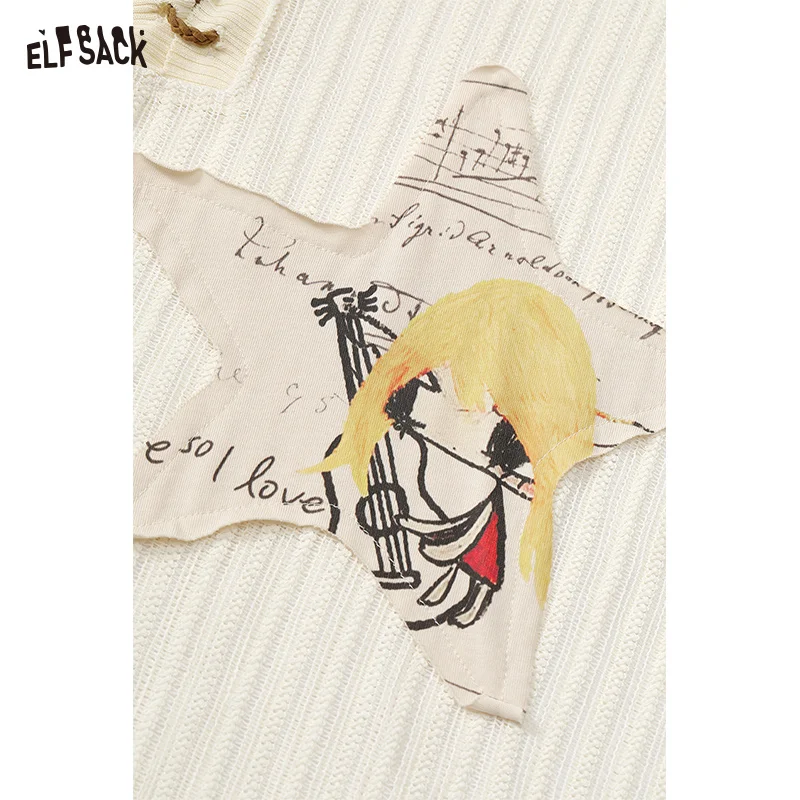 ELFSACK 2025 Summer New Arrival Cute Cool Casual Irregular Patch Print Hooded knitwears Sweater For Woman