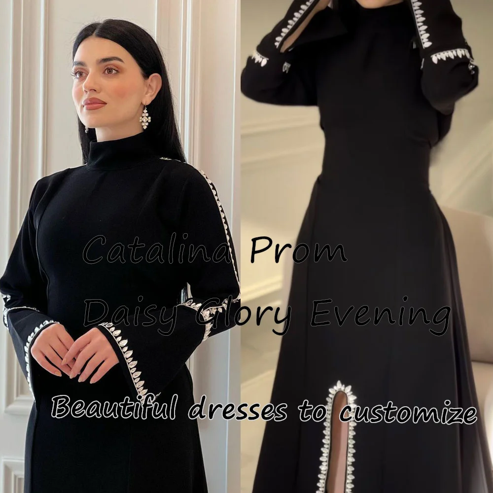 Abito da sera nero elegante A Line perline abiti da ballo colletto alto maniche lunghe Isreal Arabia saudita abiti da festa formali da donna