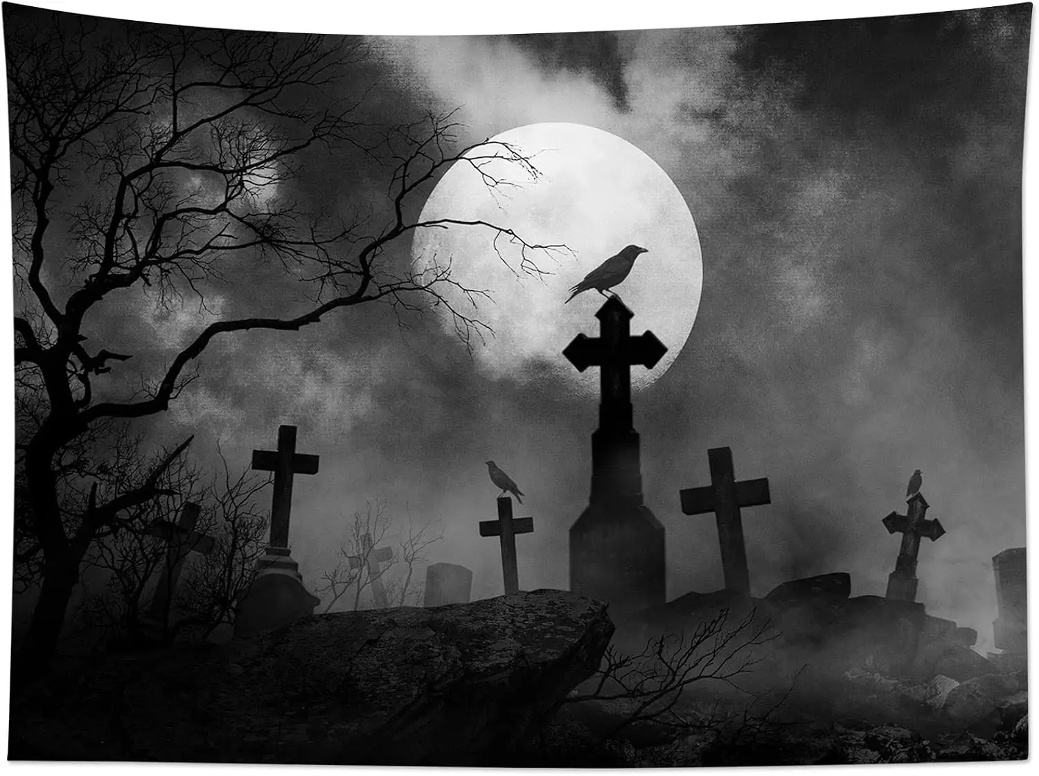 Tapestry Wall Wall Hanging Halloween Full Moon Black Crow Tombstone Dead Tree Scary Grey Cemetery Forest Bedroom Decor