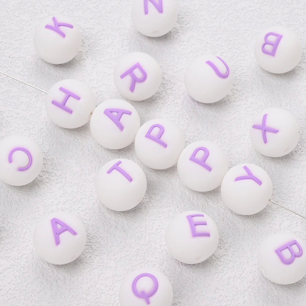 10Pcs 15mm Silicone Alphabet Beads Light Purple Round Letter A-Z Beads for DIY Baby Pacifier Chain Dummy Holder Bracelet Chew