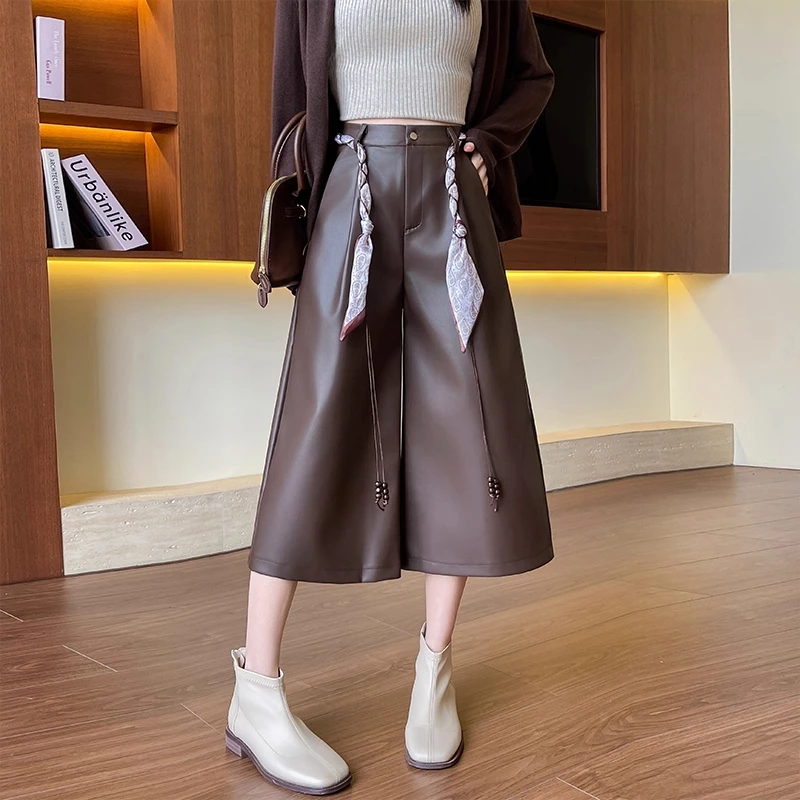 

Кожаные брюки карамельного цвета, широкие брюки, женские осенне-зимние новые ботинки, одинаковые ботинки, свободные брюки Seven-Five