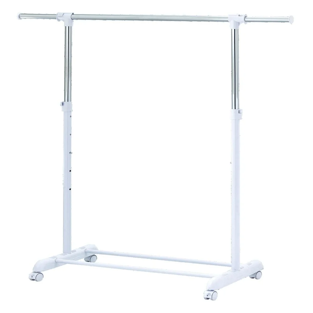 Adjustable Rolling Garment Rack Metal Chrome White Space Saving Design Easy Installation Shoe Storage 84-121Wx44Dx123.5-163Hcm