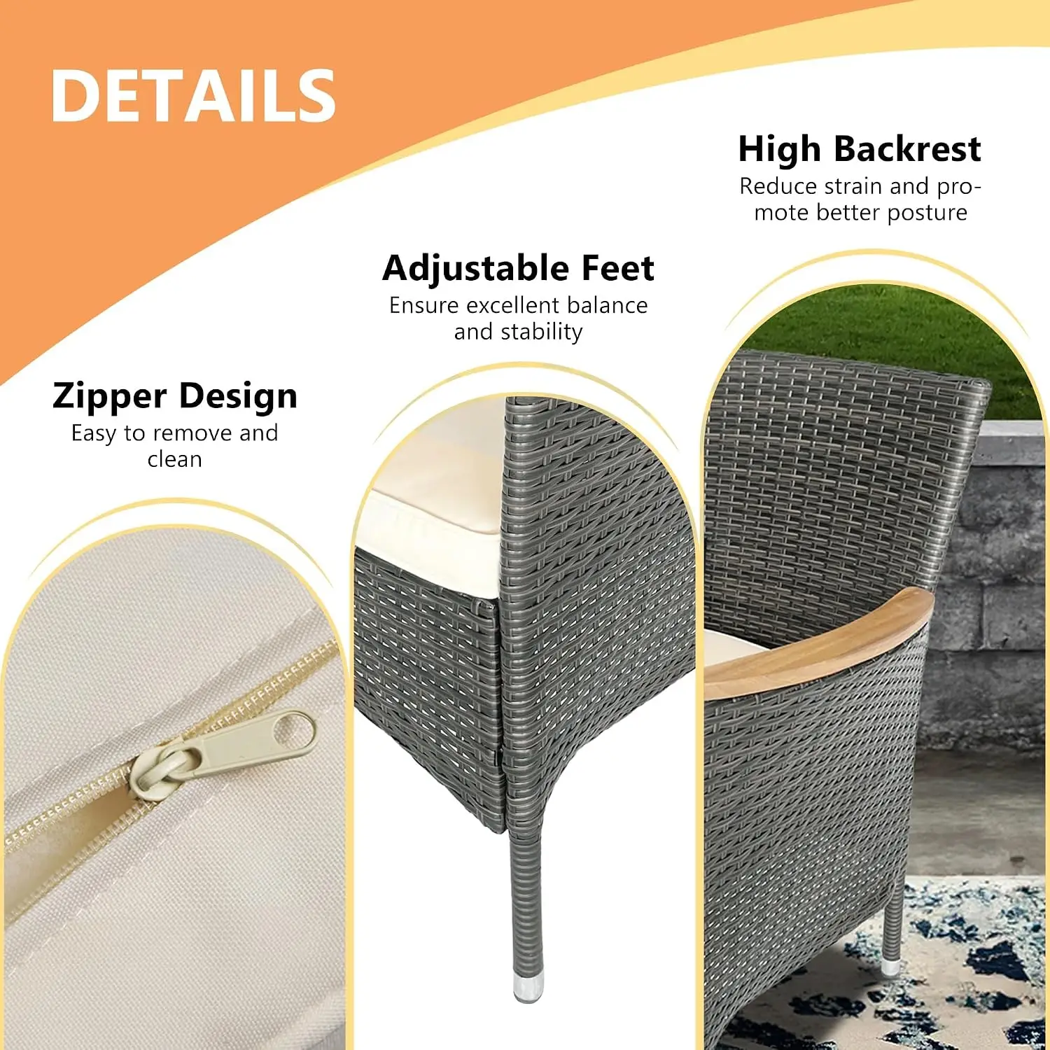 5-Piece Wicker Patio Dining Set for 4, Water-Resistant Rattan Table & Chairs with Wood Top, Removable Cushions, Gray, Customized