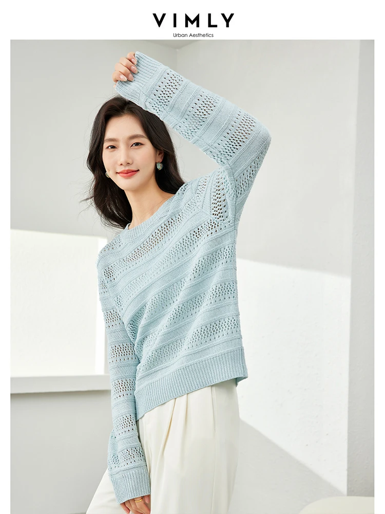 Vimly Light Blue Hollow Out Thin Long Sleeve Knit Top Spring O-neck Knitted Pullovers 2024 New Lazy Style Women's Clothing 72798