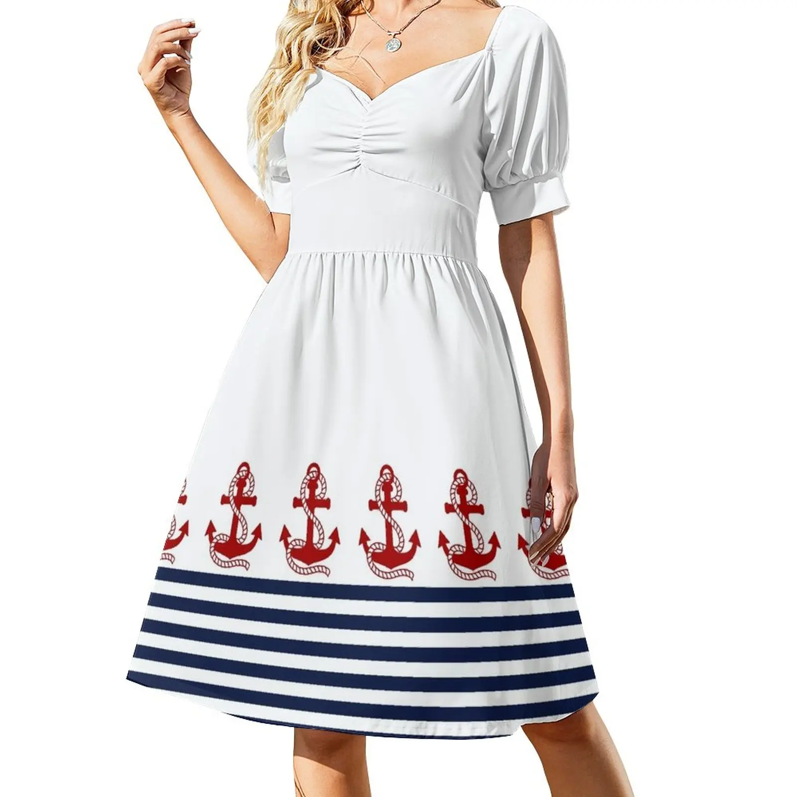 

Nautical navy blue and white stripes with a red anchor Sleeveless Dress womens clothing cocktail dresses