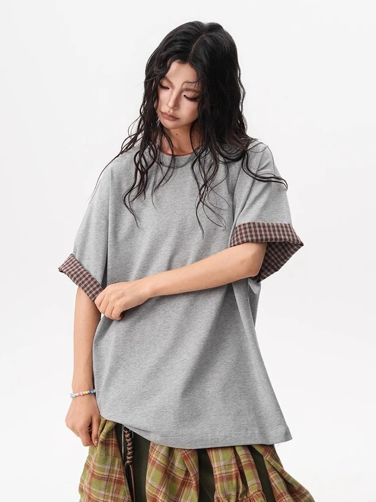 

Harajuku Plaid Patchwork T Shirt Women Hip Hop Loose Streetwear Vintage Tees American Oversize Bf Summer O Neck Gothic Retro Top