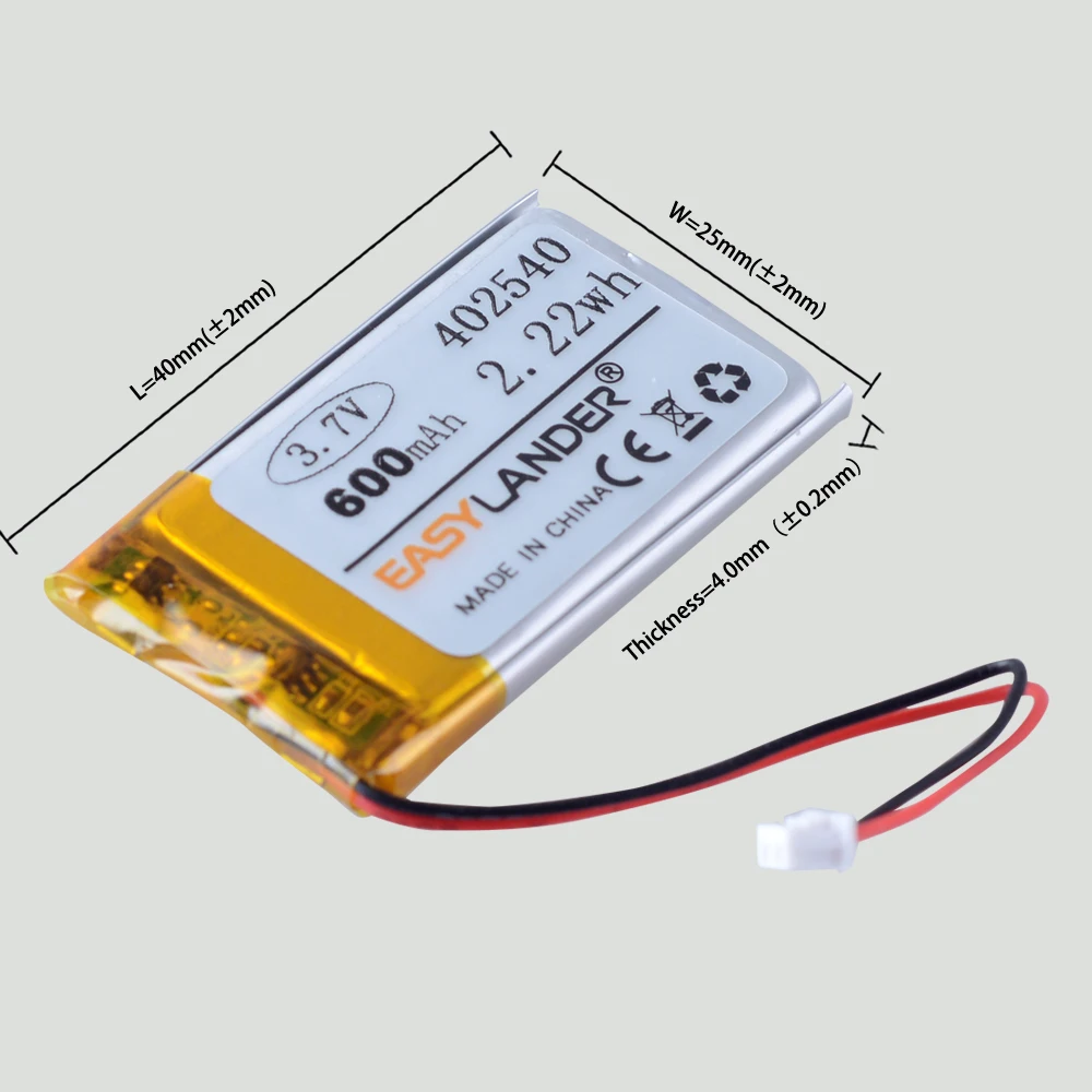 XHR-2P 1.25 مللي متر 3.7 فولت 600 مللي أمبير 402540 ليثيوم بوليمر قابلة للشحن يبو بطارية ليثيوم أيون ل GPS MP3 تنقية ساعة ذكية ضوء الليل