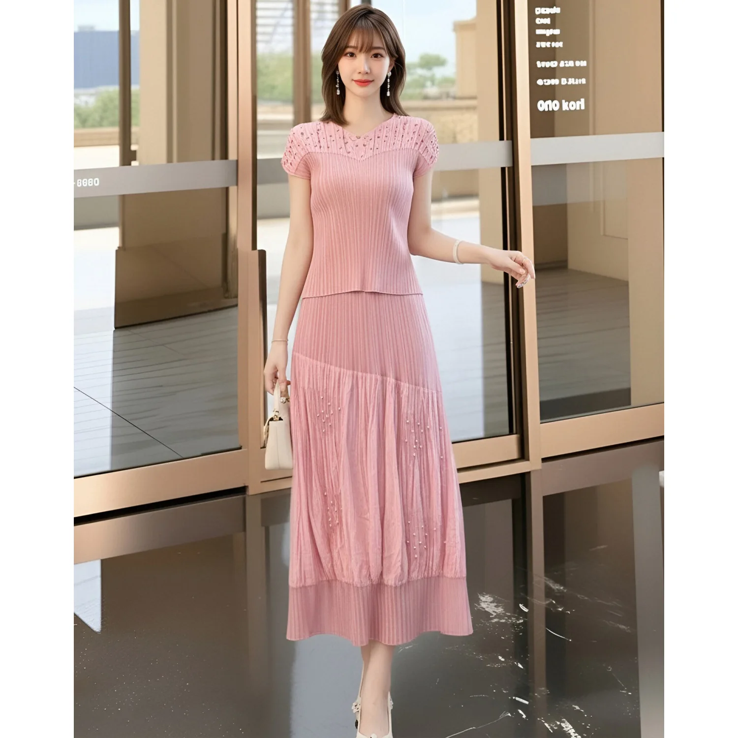 Conjunto Plisado de Alta Gama para Mujer Miyake, Camiseta de Manga Corta con Peplum y Falda Sirena, Conjunto de Dos Piezas Casual y Elegante para Fiesta