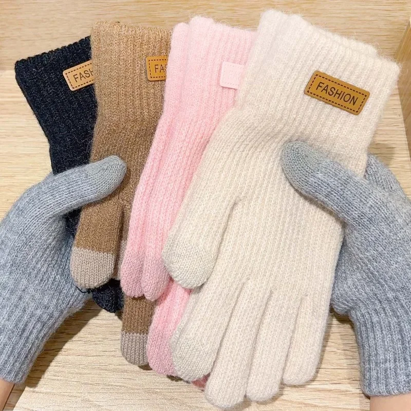 Winter Warm Knitted Full Finger Gloves Women Imitation Cashmere Thick Plush Touchscreen Mittens Outdoor Cycling Driving Gloves