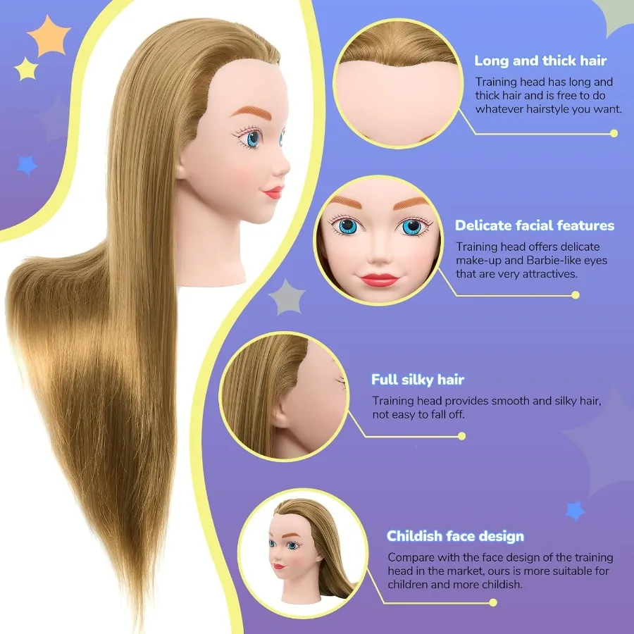 رأس مانيكين للتجميل مقاس 20 بوصة مع حامل ثلاثي القوائم للشعر وتدريبات تصفيف الشعر وممارسة التضفير التعليمية المثالية T