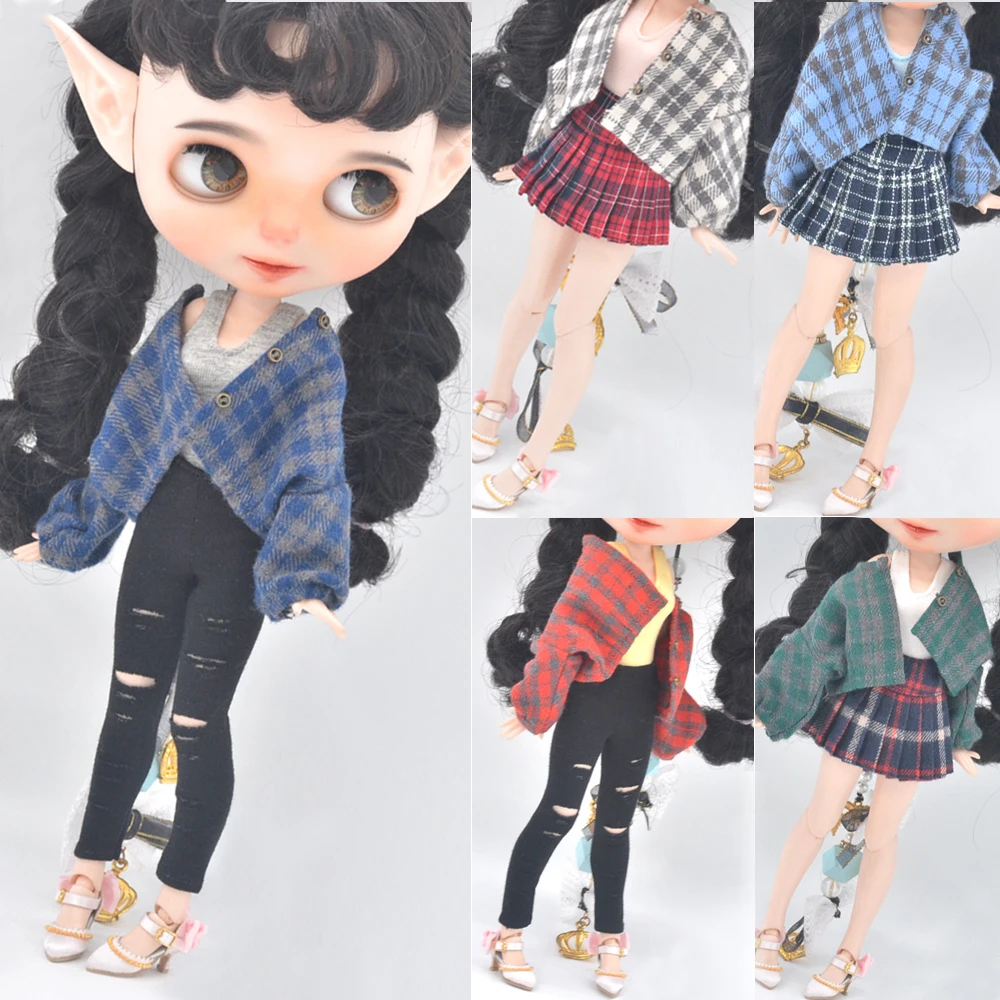 Clothes for doll fits Blyth Azone OB22 OB24 Doll Fashion Woolen Jacket Plaid Top Blue, green, black, gray