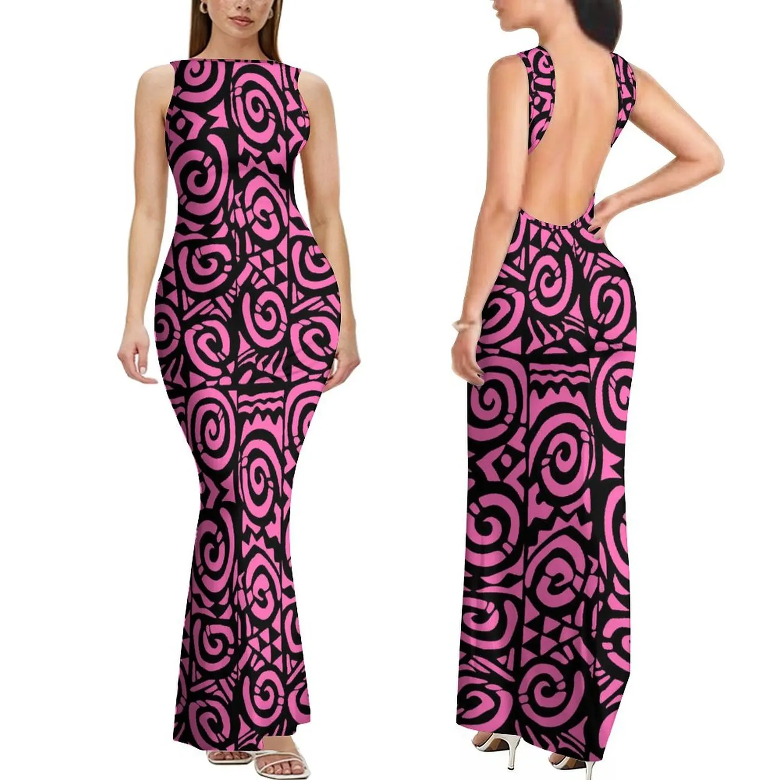 High Quality Custom Sleeveless Backless Ladies Dresses Elei Tribal Print Womens Sexy Bodycon Long Maxi Dress Samoan Prom Dress