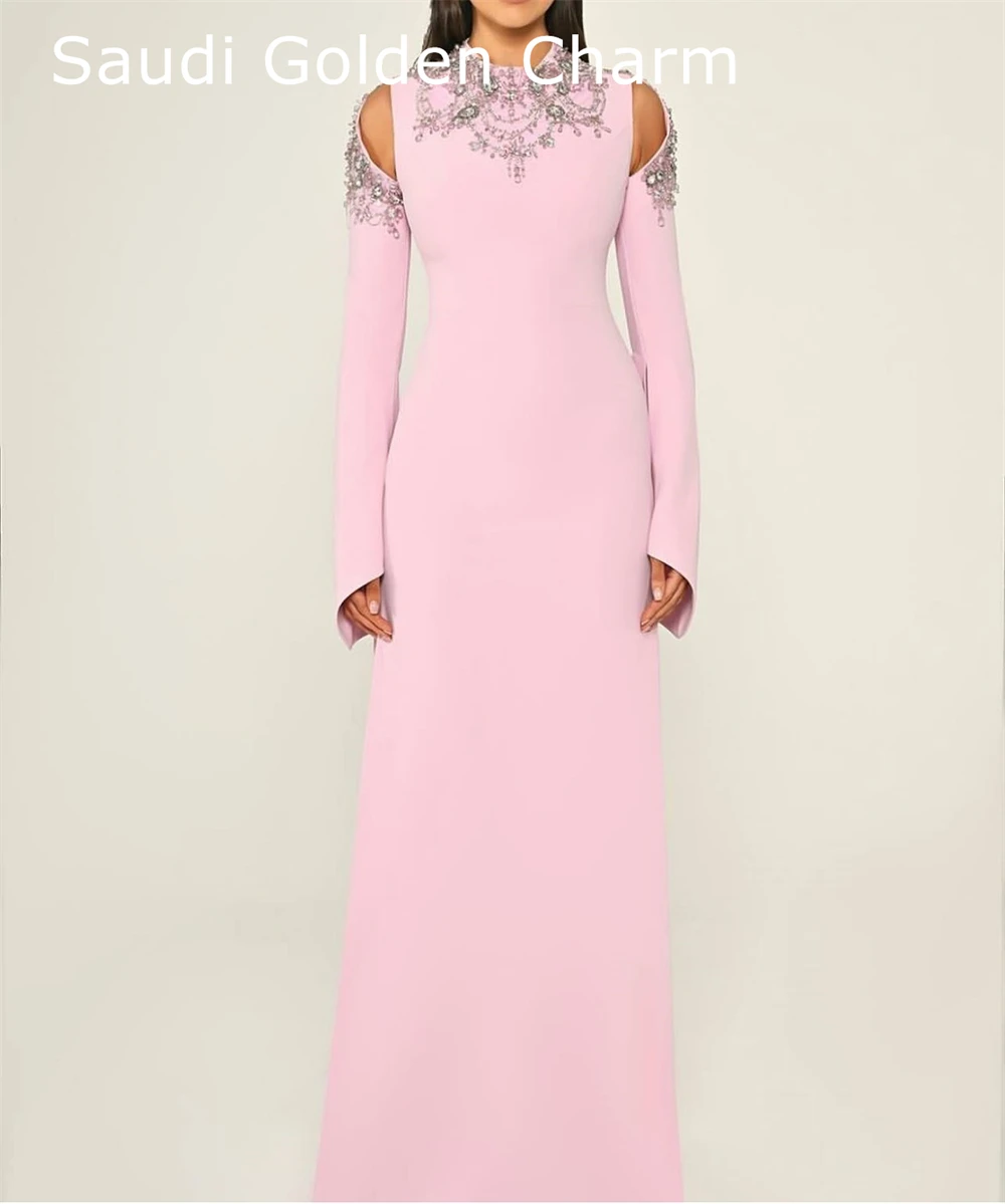 angepasstCustomized Formale Rosa Jersey Abendkleid Temperament Rundhals Lange Ärmel Party Kleid Hohe Qualität Gerade Promi