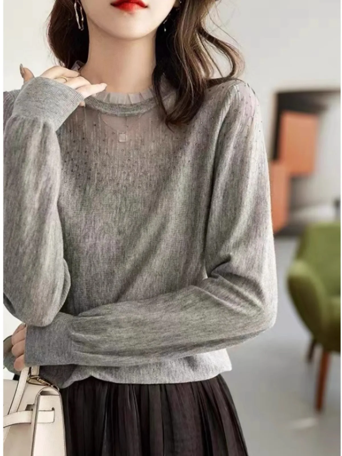 

Temperament diamond lace edge stitching round neck pure cashmere knitwear women's spring and autumn worsted wool sweater