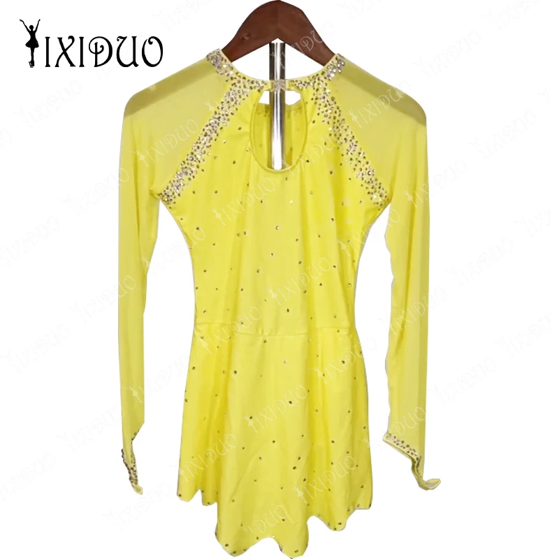 2024 New Women's Yellow Figure Skating Skirt Long Sleeve Round Neck Artistic Gymnastics Drill Girls Adult Skating Skirt