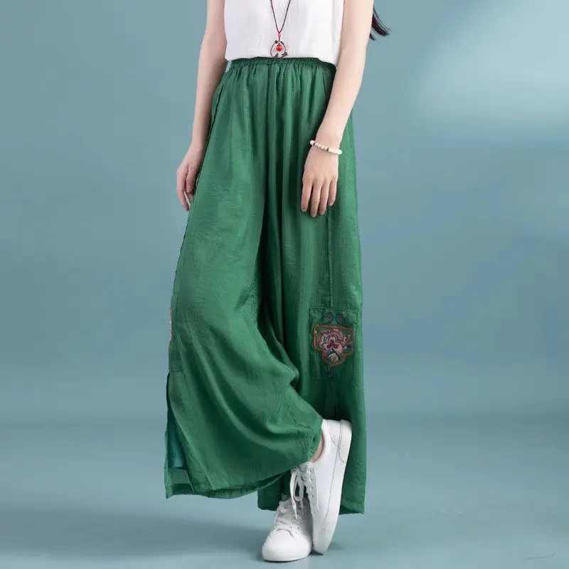 

2023 Summer Women's Pants Embroidered Cotton Linen Wide Leg Trosuers Chinese Style Retro Art Side Split Casual Culottes Z1811