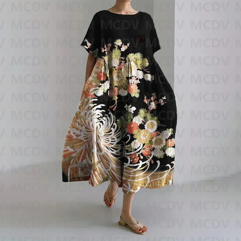 Japanese Ocean Art Print Women's Casual Midi Dress