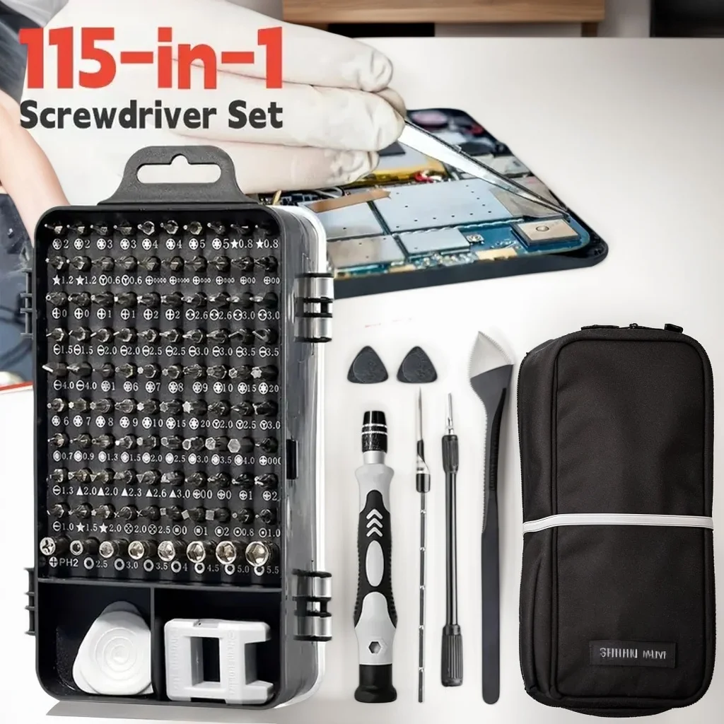 

Компьютерный ремонтный комплект 115-в-1 — набор прецизионных магнитных отверток с футляром для ноутбуков и электроники (ударная отвертка)