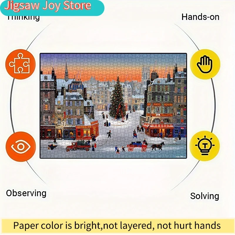 1000ピース DIY クリスマスジグソーパズル - 魅力的なパリの雪に覆われた街並み、赤い馬車とホリデーデコレーション付き、高品質の厚紙