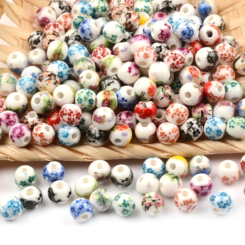 6mm 50pcs Flower Patterns Round Ceramic Porcelain Loose Spacer Beads for Jewelry Making DIY Crafts Bracelet