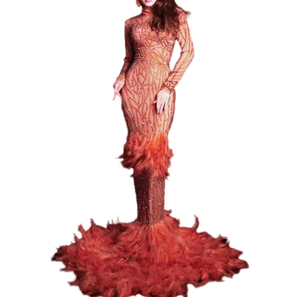 

Women Birthday Party Prom Evening Celebrate Trailing Dresses Orange Feather Rhinestones Floor Length Dress Singer Show Costume