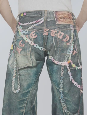 

Street style loose wide-leg denim jeans retro candy chain printed neutral spring and summer new couple loose low waist trousers