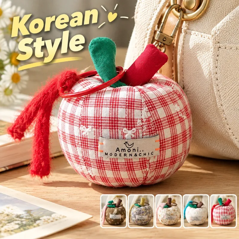 INS Korean Style Girls Cotton Filled Floral Apple Keychain Bag Charm Pendant Cute Ornament for Backpack Handbag Purse AirPods