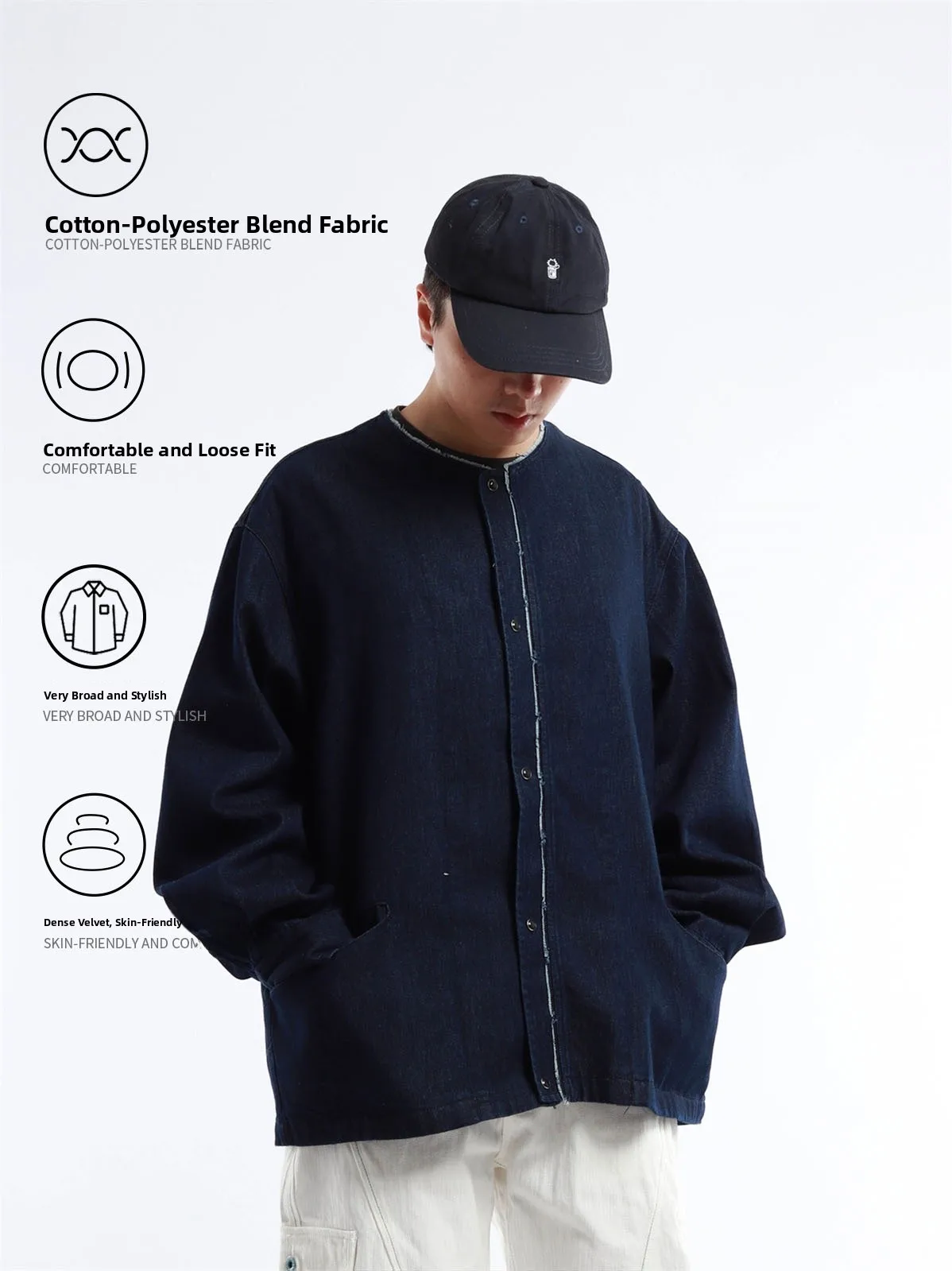 Japanese Style Loose Fit round Neck Denim Jacket Men Women Casual Spring Fashion Frayed Hem Cotton Polyester Blend Jacket