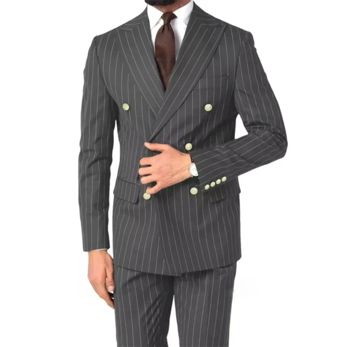 

Men's Pinstripe Tuxedo Suit 2 Pieces Double-Breasted Blazer & Pants Peak Lapel Halloween Christmas Wedding Party Costume