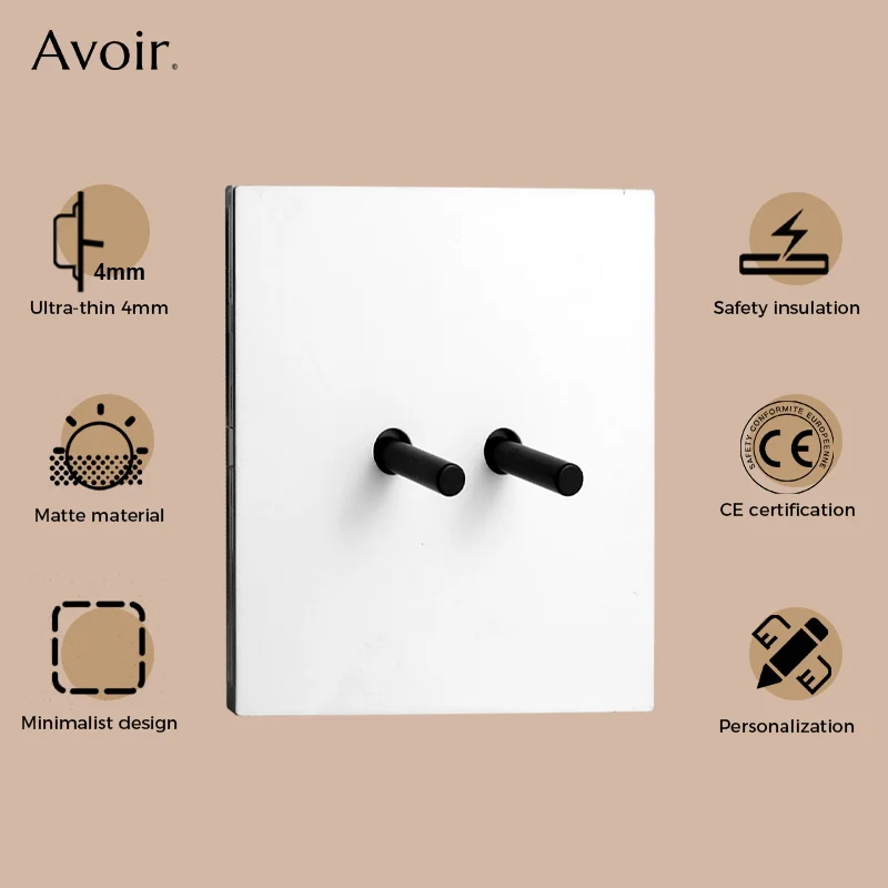 Avoir Wall Toggle Switch Black Lever Power Socket With USB Type-C Charging Port White EU French UK Outlet Stainless Steel Panel