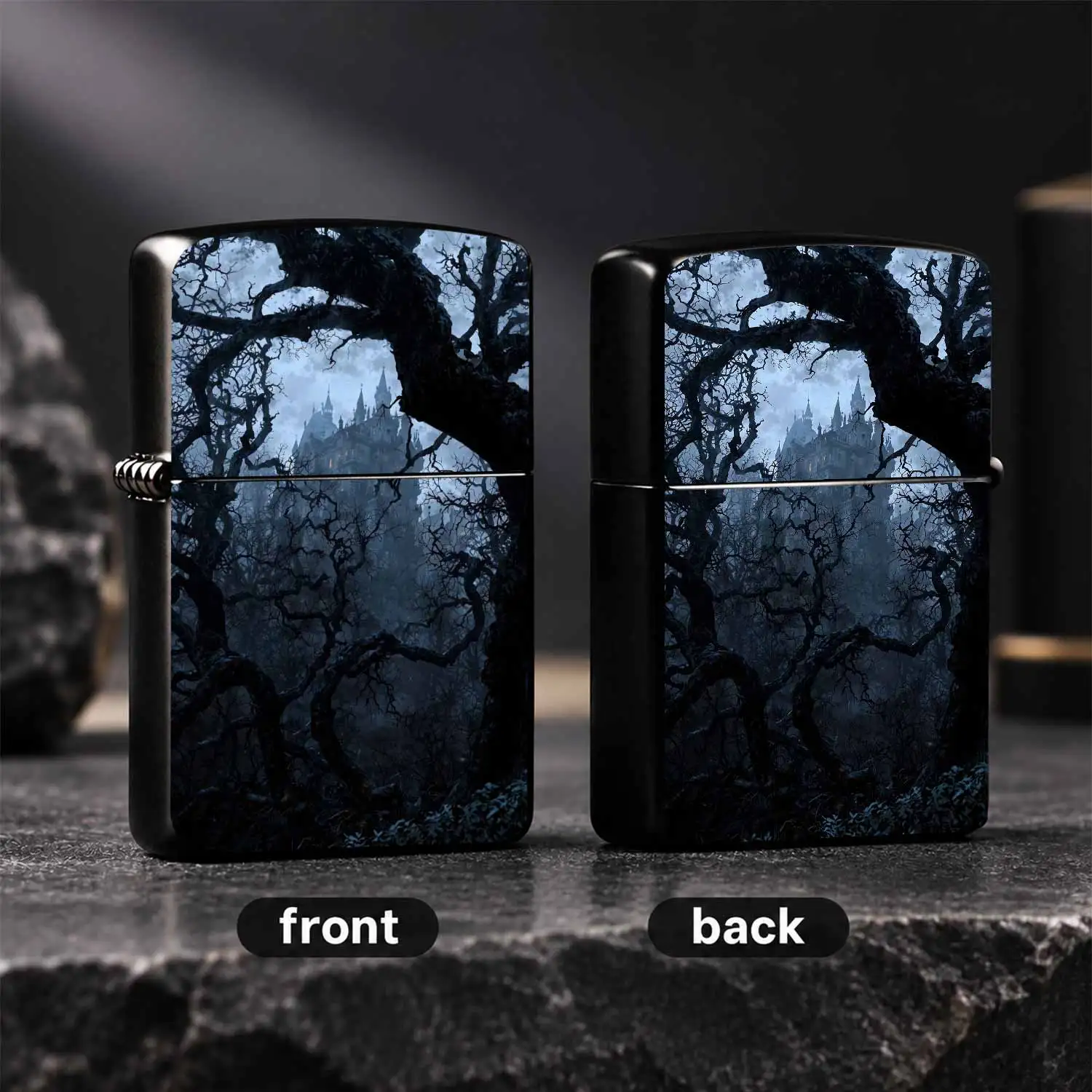 Gothic Misty Old Castle Lighter, Dark Twisted Bare Tree Framed Themed Portable Ignition Tool, Versatile For Indoor Outdoor Daily Use, Exotic Spooky Atmosphere Decorative Practical Item For Festival Gifting Personal A Humorous And Interestin