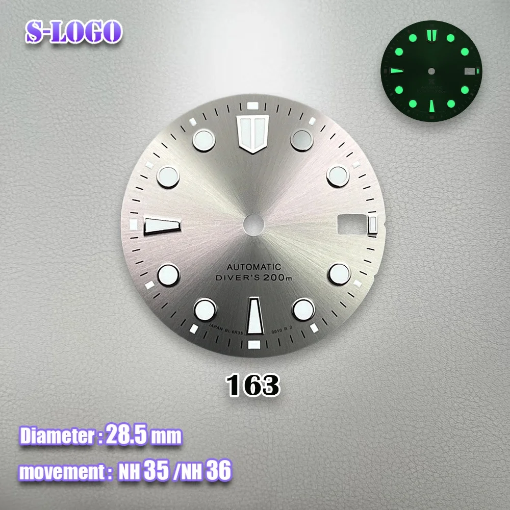 28.5mm S Logo NH35 Diver's Automatic SUB Sunray Dial Fit NH35/NH36/4R/7S Movement Green Luminous 3/3.8 O'clock Watch Accessories