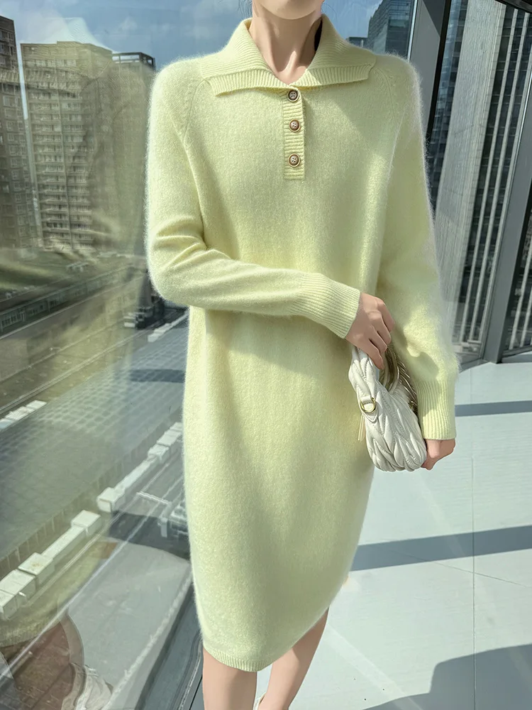 

TLOML New Women's 100% Mink Cashmere Polo Collar Pullover Dress Casual Style Autumn Winter Slim Soft Warm Cashmere Knitted Dress
