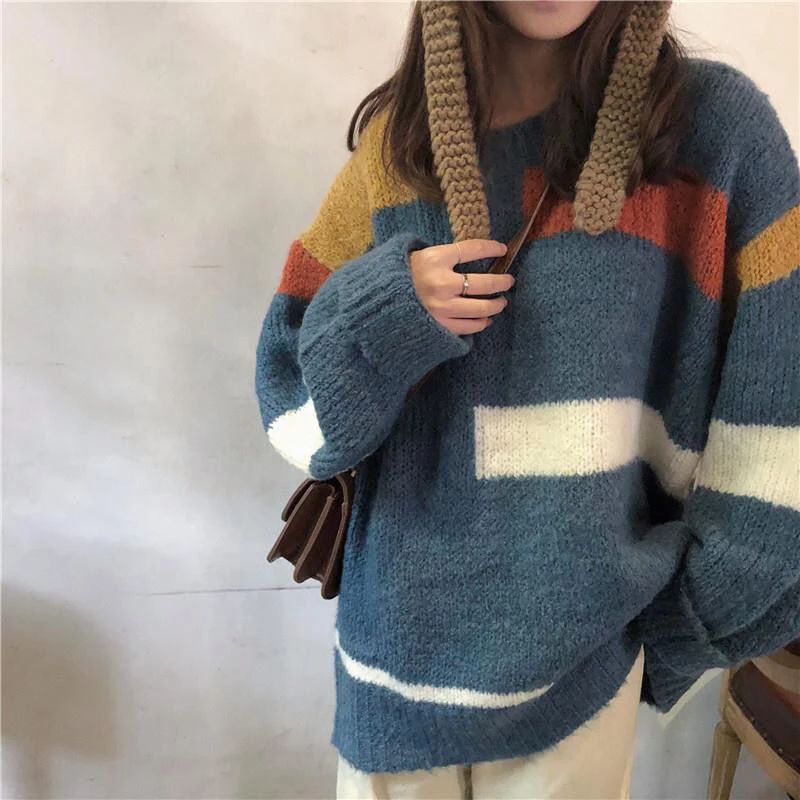 Harajuku Knitted Sweater Women Korean Patchwork Striped Loose Mid Length Pullover Fashion Casual Preppye Style Retro Sweater New