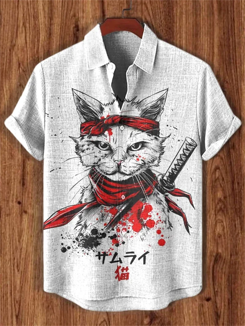 

Men's new comfortable linen short sleeved shirt with 3D shark print guitar pattern button up short sleeved top