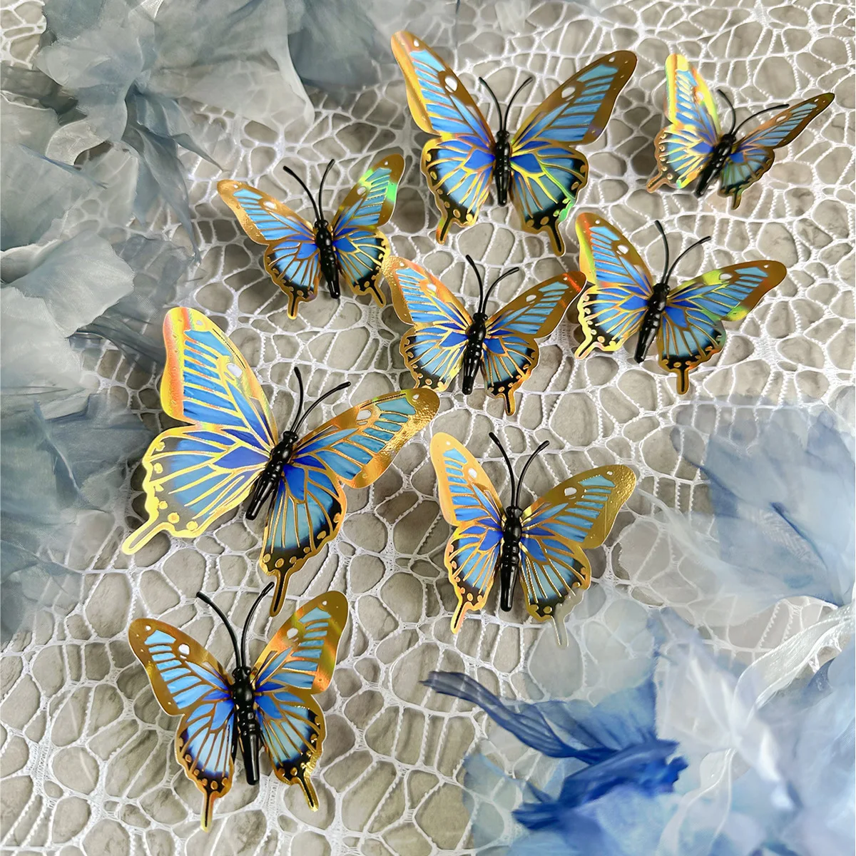 12PCS 3D Blue Butterfly Metallic Removable Mural Wall Stickers for Home Room Bedroom Decoration Nursery Classroom Party Decora