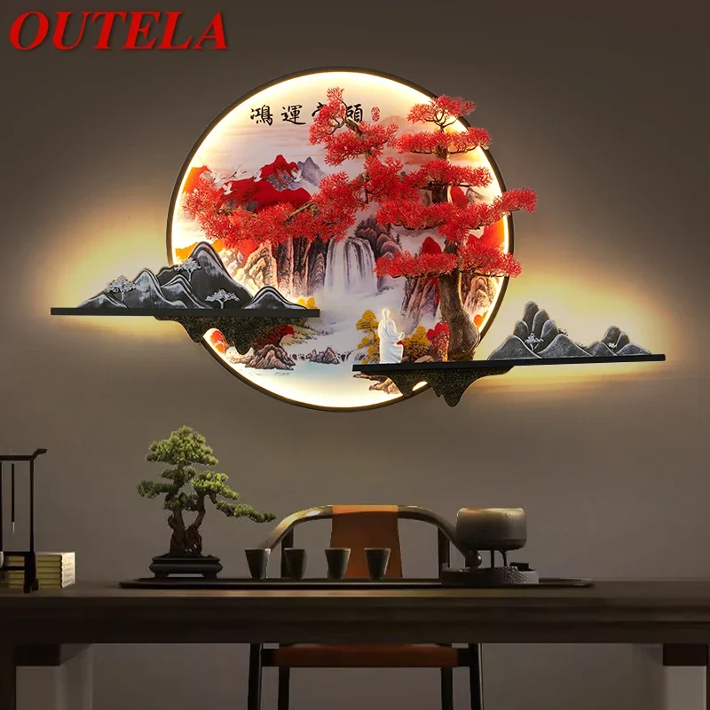 OUTELA Modern Picture Wall Light LED Chinese Creative Landscape Pine Mural Lamp For Home Living Room Study Bedroom Decor