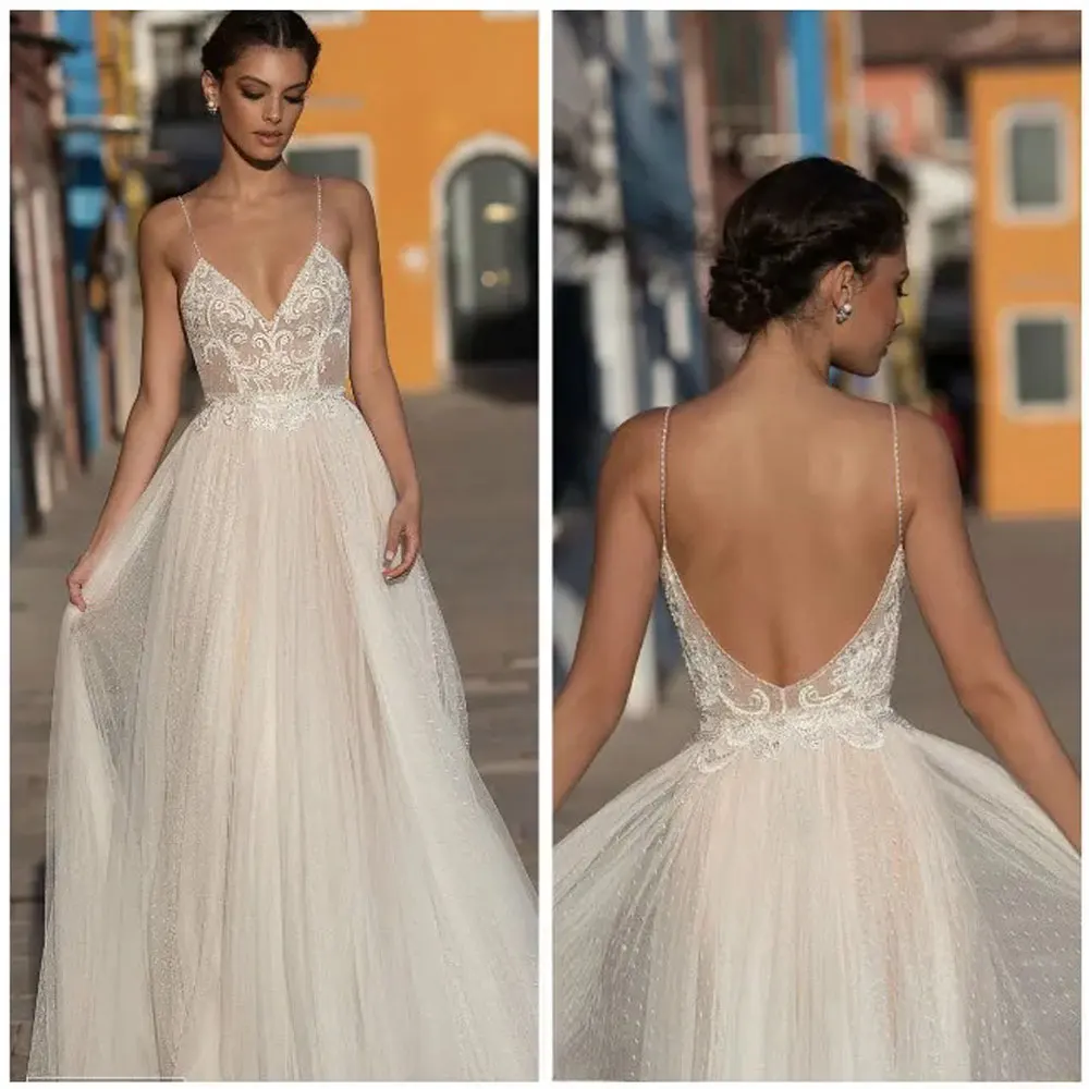 Einfache weiße Garn Brautkleider eine Linie Spaghetti träger Sweep Zug Spitze Applikation Strand Wed Kleider Illusion billige Brautkleid